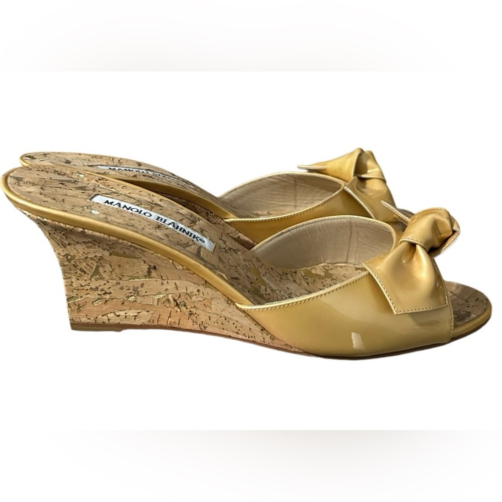 Manolo Blahnik Liss Bow Slide Cork Wedge, Nude Size 39.5